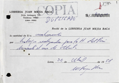 Boleta de pago a Mario Vargas Llosa. (Archivo Juan Mejía Baca en la BNP)