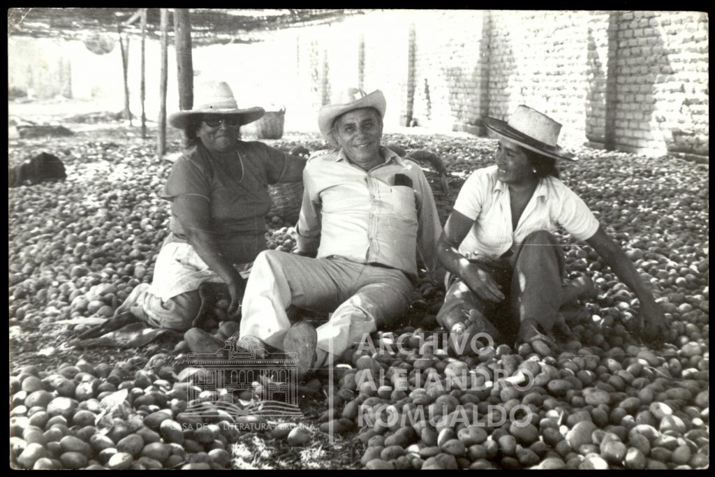 Fotografía de Alejandro Romualdo junto a dos mujeres campesinas durante la cosecha de papa. Al reverso tiene la siguiente inscripción: "Las papas queman". La captura fue tomada durante la década de 1970